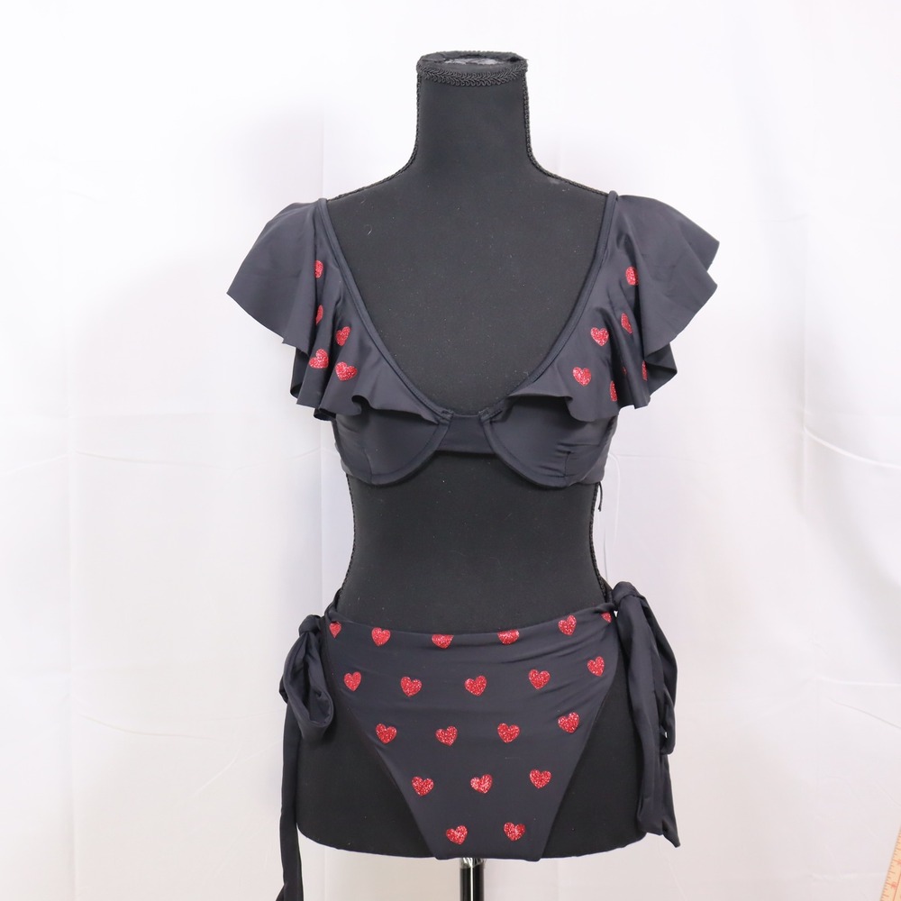 Beach Riot Bikini Set S/M Black Womens Heart Ruffle Swimsuit
